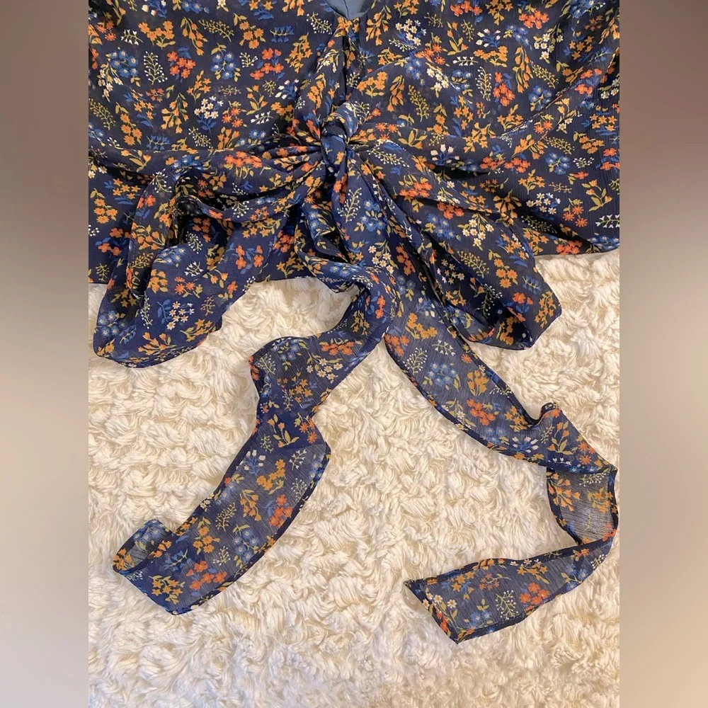 Madewell Blue Floral Mini Dress with Bow Detail on Chest - Picture 8 of 9